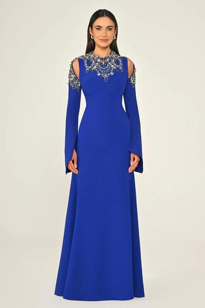 ALFABETA فستان سهرة طويل من الكريب بأكمام طويلة