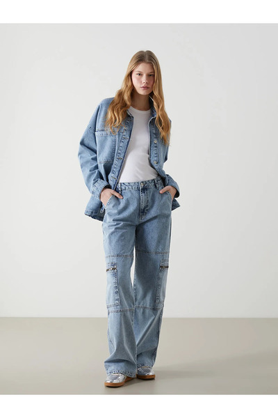 LC Waikiki Blue High Waist Wideleg Women's Cargo Jean Pants