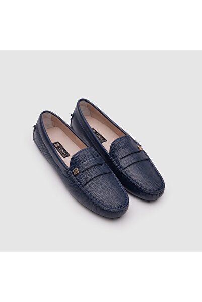 TOGO Lacivert Floater Hakiki Deri Kadın Loafer Ayakkabı [060037]