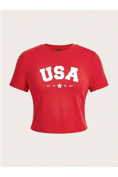 OVER HEAD Γυναικείο κόκκινο μπλουζάκι Usa με τύπωμα Baby Tee Crop