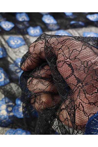 Kumaş Parça Tul negru ALBASTRU cu broderie florală (lățime 140 cm x lungime 3...