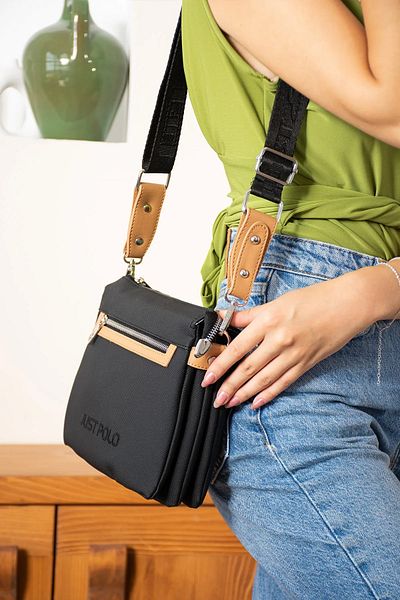 Just Polo Women's Black Tan Adjustable Long Strap Shoulder Bag P346036Mh