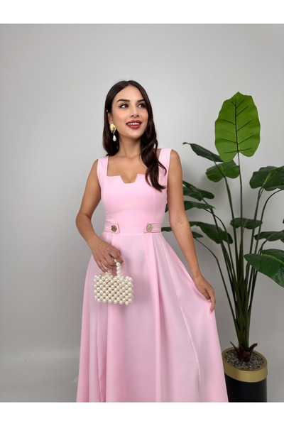 Butik Pembe Kemer Düğmeli Elbise