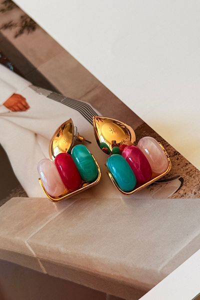 Trendy Butik Colorful Gold Plate Model Earrings