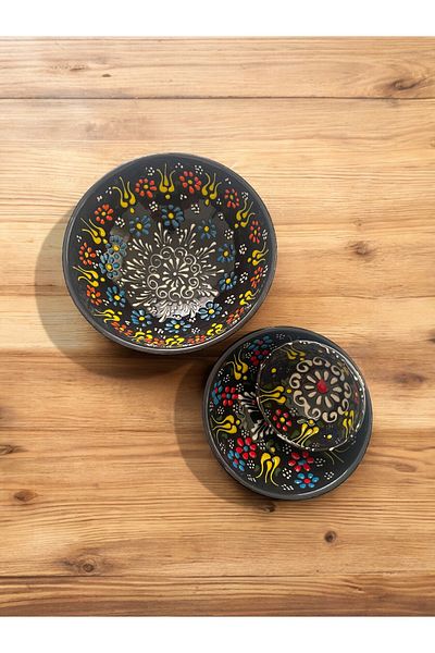 Artistic Quality Decorative 3 Pieces Black Tulip Tile Designed Fully Handmade Snack Bowl-Sauce Bowl-Breakfast Bowl