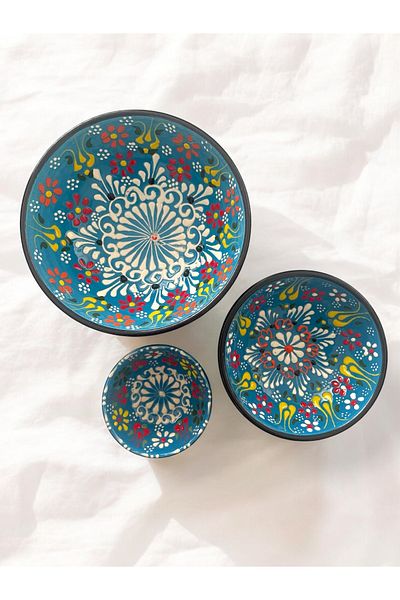 Artistic Quality Decorative 3 Pieces Blue Tulip Tile Designed Fully Handmade Snack Bowl-Sauce Bowl-Breakfast Bowl