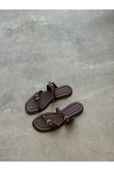 Lorenn Liora Matte Skin Double Tape Belt Detailed Flat Sole Women's Slippers