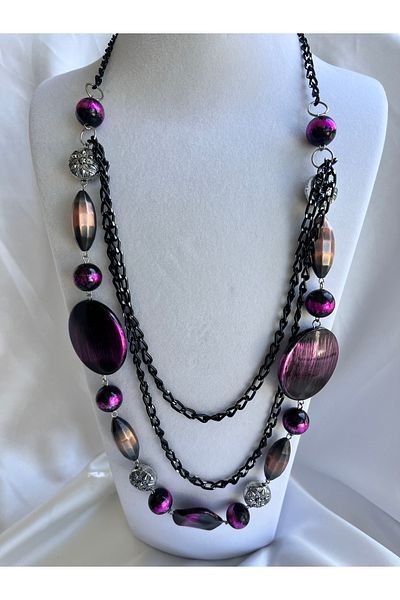 COCOSH TAKI Multi Long Necklace with Black Chain with Fuchsia Pink Stones
