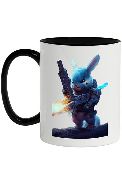 INOVATIX Personalized white mug, Soldier, Rabbit, Weapons, Shooting, Sci-Fi, with Black Handle, INOVATIX®. 330ml