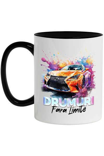 INOVATIX Personalized white mug, Message Roads Without Limits, Car, Lexus, with Black Handle, INOVATIX®. 330ml