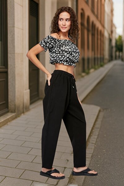 Malerind Hambez Alt Eşofman Keten Pantolon Görünümlü Rahat Kalıp Büyük Beden Yazlık Relaxed