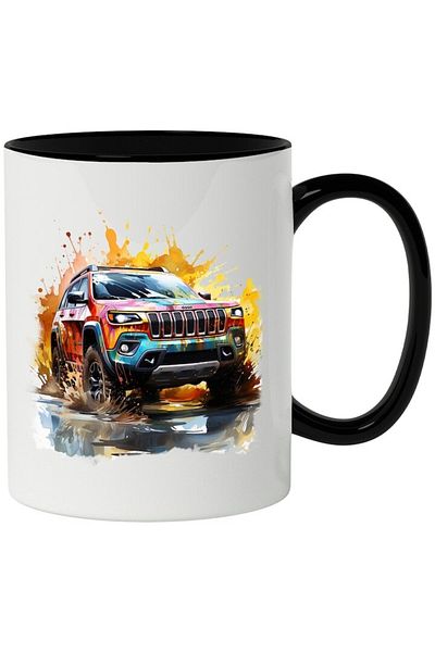 INOVATIX Personalized white mug, Car, Jeep Cherokee, Watercolor, Water, with Black Handle, INOVATIX®. 330ml