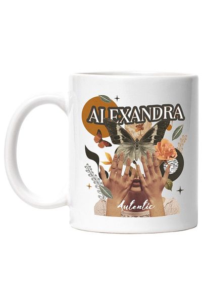 INOVATIX Personalized white mug, Name Alexandra, Girl Collage, Butterfly, Flowers, Circle, INOVATIX®. 330ml