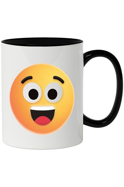 INOVATIX Personalized white mug, Emoticon, Emoji, Wide Smile, Teeth, with Black Handle, INOVATIX®. 330ml