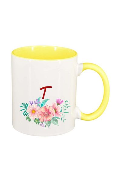 INOVATIX Personalized white mug, Flowers with alphabet, yellow interior, D950, INOVATIX®. 330ml
