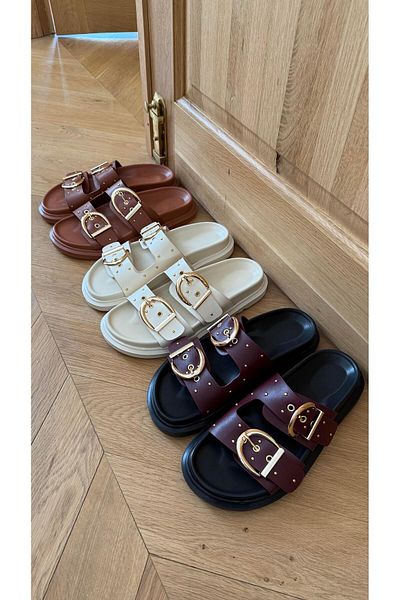 Eataly Shoes Дебели дамски чехли с двойни презрамки в бордо