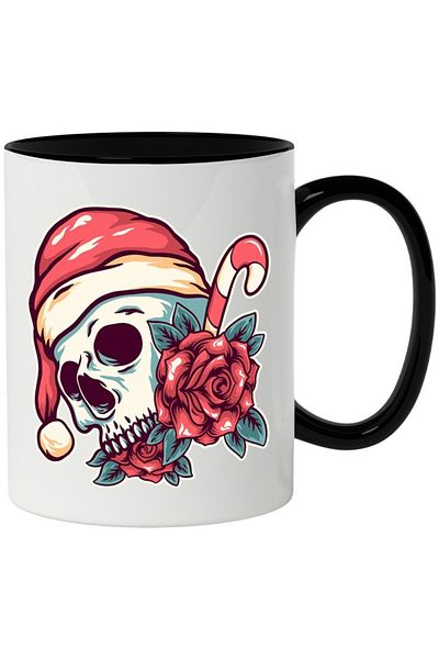 INOVATIX Personalized white mug, Roses, Skull, Hat, Christmas, with Black Handle, INOVATIX®. 330ml