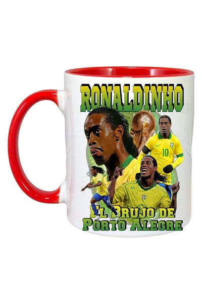 INOVATIX Personalized White Mug, Ronaldinho Brasil, Red Handle and Interior, ®. 330ml