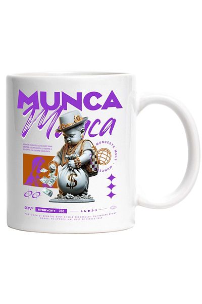 INOVATIX Personalized white mug, Rich Statue with a Bag of Dollars - Work, INOVATIX®. 330ml