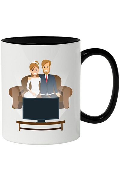 INOVATIX Personalized white mug, TV, Couple, Sofa, with Black Handle, INOVATIX®. 330ml
