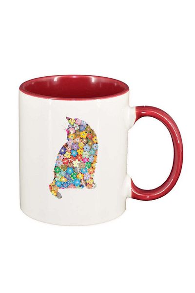 INOVATIX Personalized white mug, Flowers, Cat, red interior, D995, INOVATIX®. 330ml