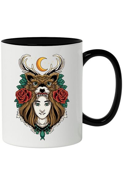 INOVATIX Personalized white mug, Moon, Roses, Deer, Girl, with Black Handle, INOVATIX®. 330ml