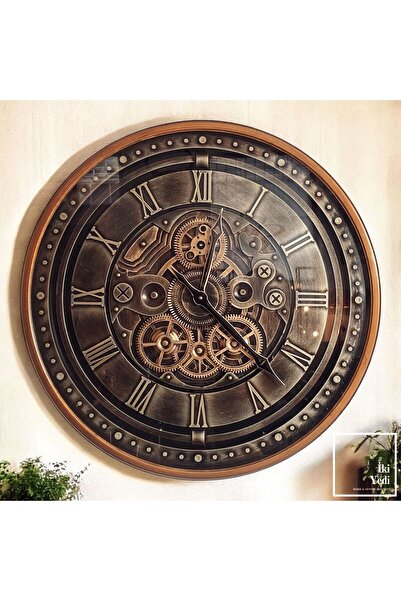 77 Griskow 67 cm Çarklı Duvar Saati, Bronz Renk Romen Rakamlı Mekanik Saat Ev...