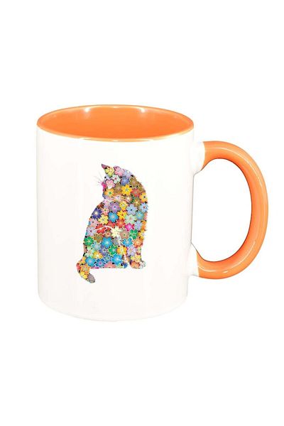 INOVATIX Personalized white mug, Flowers, Cat, orange interior, D995, INOVATIX®. 330ml