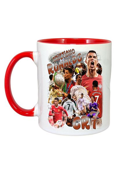 INOVATIX Personalized White Mug, Cristiano Ronaldo Cr7, Red Handle and Interior, ®. 330ml
