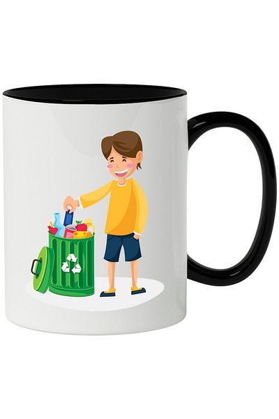 INOVATIX Personalized white mug, Child, Recycling, Garbage, Eco, with Black Handle, INOVATIX®. 330ml