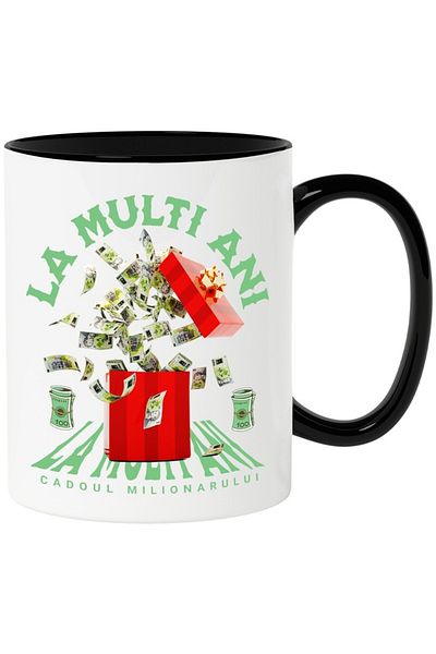 INOVATIX Personalized white mug, _Happy Birthday_ - Millionaire's Gift, with Black Handle, INOVATIX®. 330ml