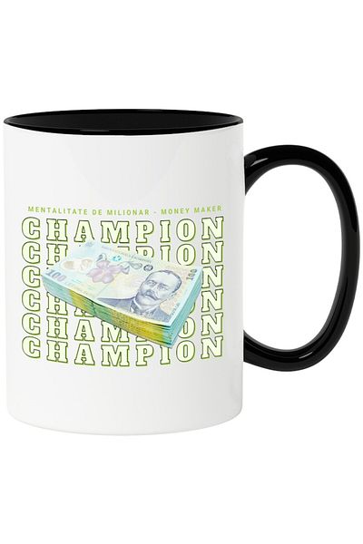 INOVATIX Personalized white mug, _Champion_ - 100 Romanian Lei, with Black Handle, INOVATIX®. 330ml