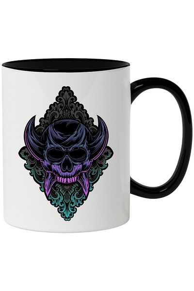 INOVATIX Personalized white mug, Skull, Rhombus, Demon, Horns, with Black Handle, INOVATIX®. 330ml