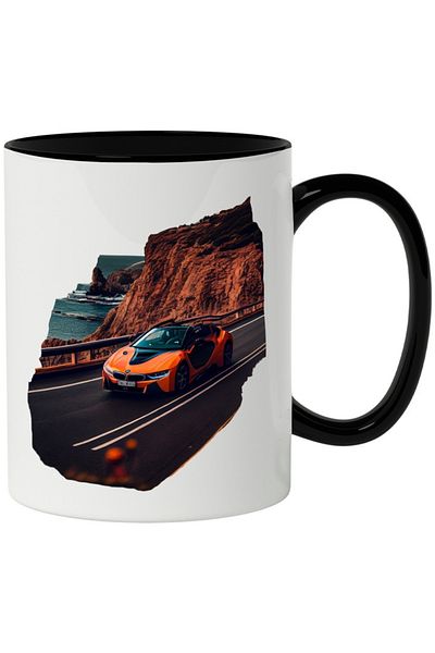 INOVATIX Personalized white mug, Sports Car, Landscape, Road, Water, Mountain, with Black Handle, INOVATIX®. 330ml