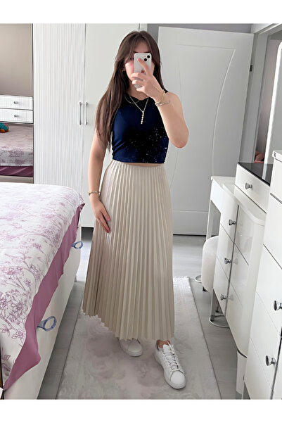 İmajButik Bisküvi Deri Görünümlü Piliseli Etek - Tam Kalıp, Yeni Sezon Dokuma...