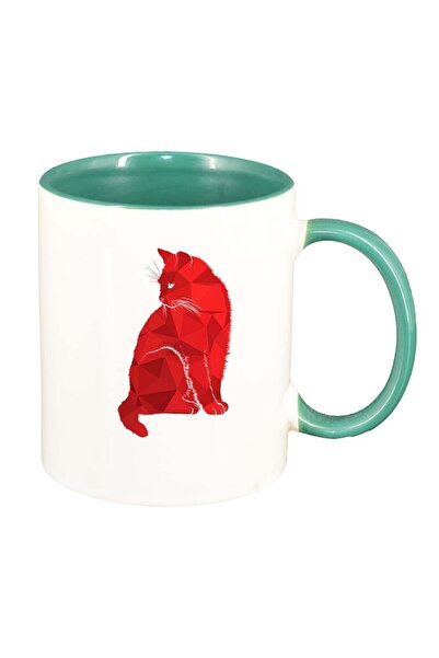 INOVATIX Персонализирана бяла чаша, Цветна котка, зелена вътрешност, D983, IN...