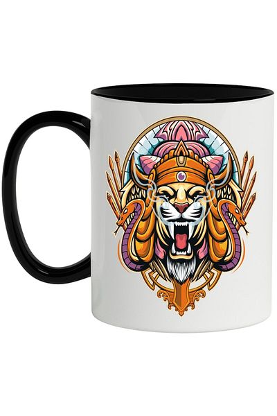 INOVATIX Personalized white mug, Lion, Snakes, Portrait, Aztec, Spears, Smoke, with Black Handle, INOVATIX®. 330ml
