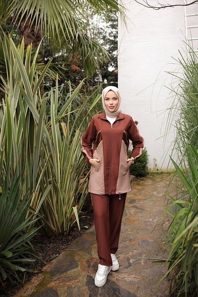 Ryzi Moda طقم نسائي بني مكون من قطعتين بنطلون تونيك طقم ملابس رياضية محتشمة