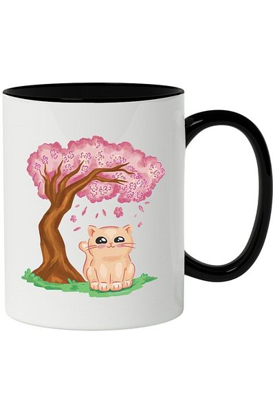 INOVATIX Personalized white mug, , Blossoming Tree, Cherry, Flowers, Spring, with Black Handle, INOVATIX®. 330ml