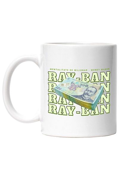 INOVATIX Personalized white mug, _Ray-Ban_ - 100 Romanian Lei, INOVATIX®. 330ml