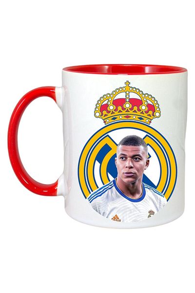 INOVATIX Personalized White Mug, Mbappe King Real, Red Handle and Interior, ®. 330ml