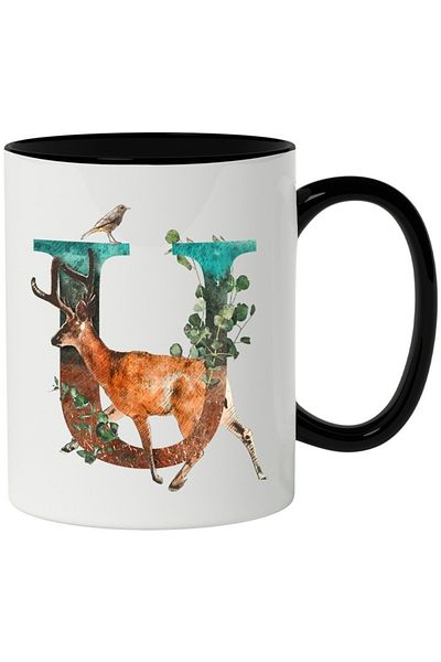 INOVATIX Personalized white mug, Letter, U, Deer, Bird, Leaves, with Black Handle, INOVATIX®. 330ml