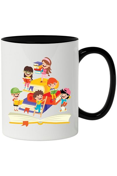 INOVATIX Personalized white mug, Children, Book, Ladder, Glasses, with Black Handle, INOVATIX®. 330ml