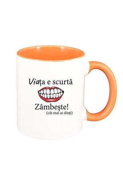 INOVATIX Personalized white mug, Life is short, smile..., orange interior, D1029, INOVATIX®. 330ml