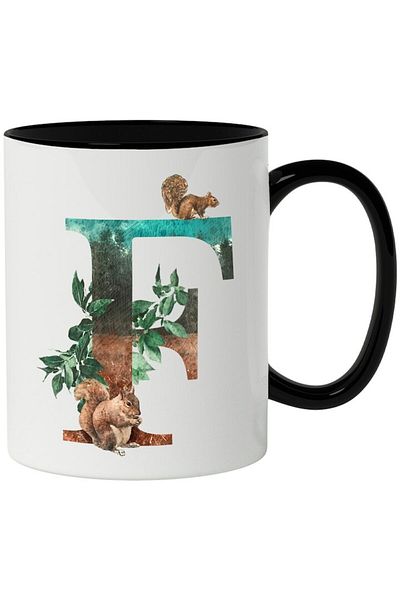 INOVATIX Personalized white mug, Letter, E, Squirrels, Leaves, with Black Handle, INOVATIX®. 330ml
