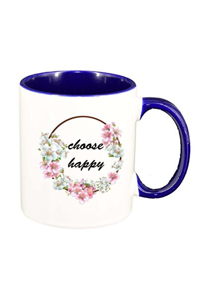 INOVATIX Cana alba personalizata, Flori, Happy, interior albastru inchis, D10...