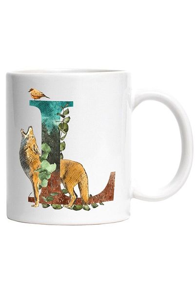 INOVATIX Personalized white mug, Letter, L, Wolf, Bird, Leaves, INOVATIX®. 330ml