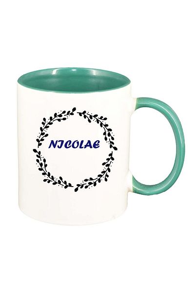 INOVATIX Personalized white mug, Name, green interior, D1091, INOVATIX®. 330ml