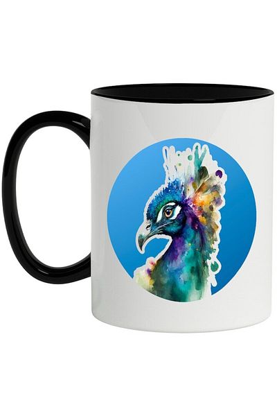 INOVATIX Personalized white mug, Peacock, Watercolor, Bird, Exotic, with Black Handle, INOVATIX®. 330ml