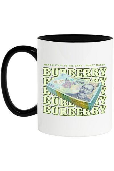 INOVATIX Personalized white mug, __Burberry_ - 100 Romanian Lei, with Black Handle, INOVATIX®. 330ml
